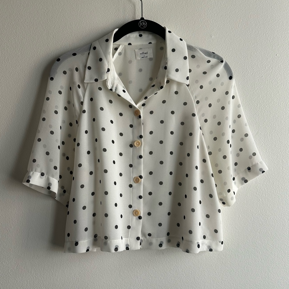 Aritzia Wilfred Black White Polka Dot Button Front Sheer Blouse, Size Small